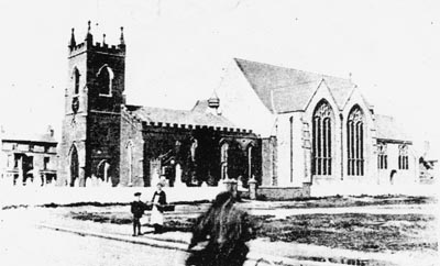 A photo of the church showing the original building (left) and half of the new 1880's building.