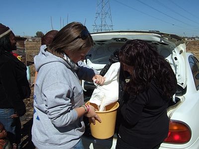 Giving out food.